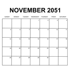 november 2051. monthly calendar design. week starts on sunday. printable, simple, and clean vector design isolated on white background.