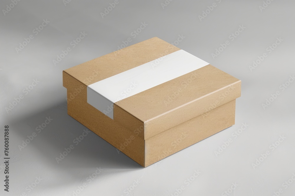 Poster craft box mockup with blank white label. realistic 3d rendering of empty paper box isolated on light