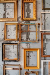Naklejka premium Eclectic Mix of Empty Golden and Wooden Frames on a Textured Gallery Wall