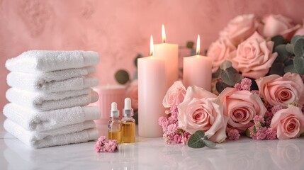 Obraz na płótnie Canvas Relaxing Spa Ambience with Pink Candles, White Towels, and Rose Petals for Soothing Pampering