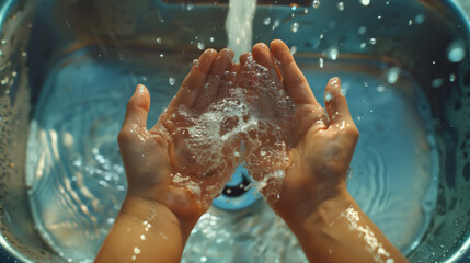 Hands under running water are washed with soap and water, hand disinfection