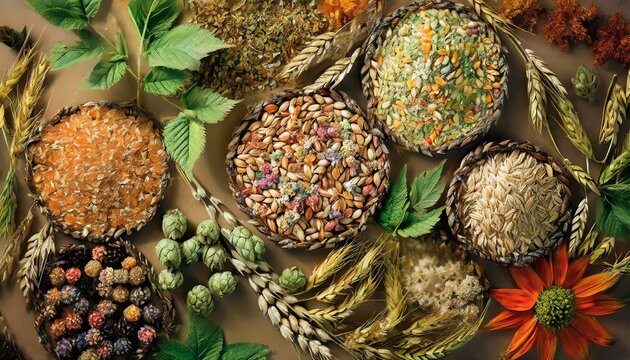 Vibrant Red Floral Botanical: Playful Ingredients Display with Grains, Hops, and More