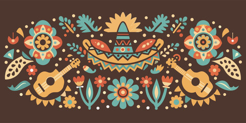 Mexican background festive backdrop for festival Cinco de mayo. Mexico poster. Vibrant illustration of traditional mexican folk art with floral and musical motifs
