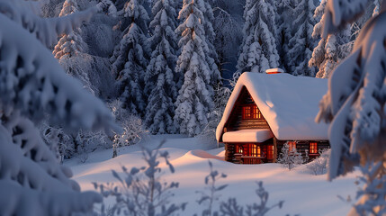 A cozy winter cabin tucked away in a snow-covered forest, the warm glow of the cabin windows contrasting with the cool,   - obrazy, fototapety, plakaty