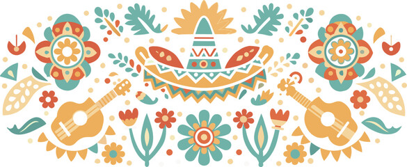 Mexican background festive backdrop for festival Cinco de mayo. Mexico poster. Vibrant illustration of traditional mexican folk art with floral and musical motifs