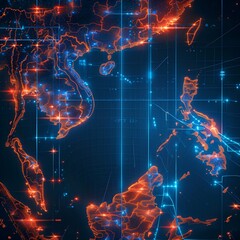 Philippine Map with Grid Lines, Blue and Orange, White Background, Bright Lights