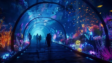 People Walking Through Colorful Lights Tunnel - obrazy, fototapety, plakaty