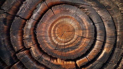 A well-defined cross-section of a tree trunk with distinct and numerous growth rings