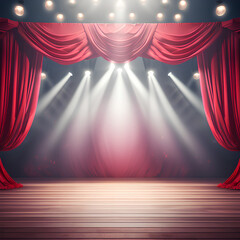Stage theater with red curtains and spotlights, realistic vector illustration.