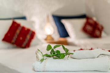 Beautiful interior of a bedroom inside a riad in the medina of Fes, Morocco