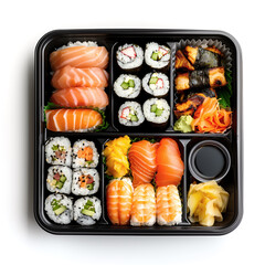Take-away box with a variety of sushi and seafood, accompanied with soy sauce, ginger, and wasabi. Asian takeout food in a black plastic container, on white background. Top view.