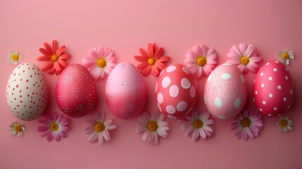 Pink and red Easter background. Collection of neatly organized eggs with floral patterns