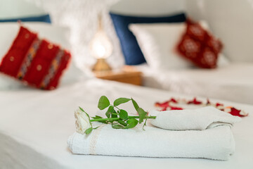 Beautiful interior of a bedroom inside a riad in the medina of Fes, Morocco