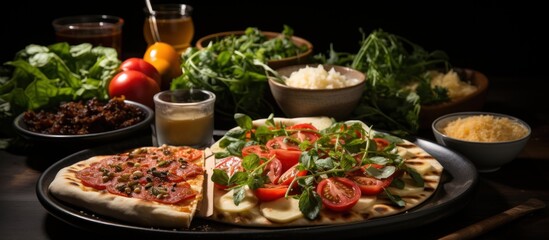 Pizza with mozzarella cheese, tomato and arugula