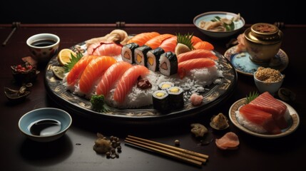 A classic sushi spread with rolls, sashimi, and traditional Japanese tea set against warm backdrop