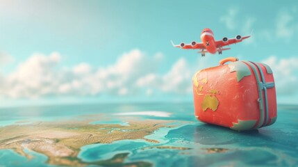 A whimsically animated suitcase and airplane travel over a stylized world map with bright colors - obrazy, fototapety, plakaty