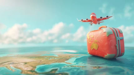 Foto op Canvas A whimsically animated suitcase and airplane travel over a stylized world map with bright colors © Felix