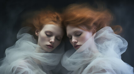 Studio portrait of beautiful twins with red hair and dressed in white lace. They lean against each other with their eyes closed and their foreheads touching.