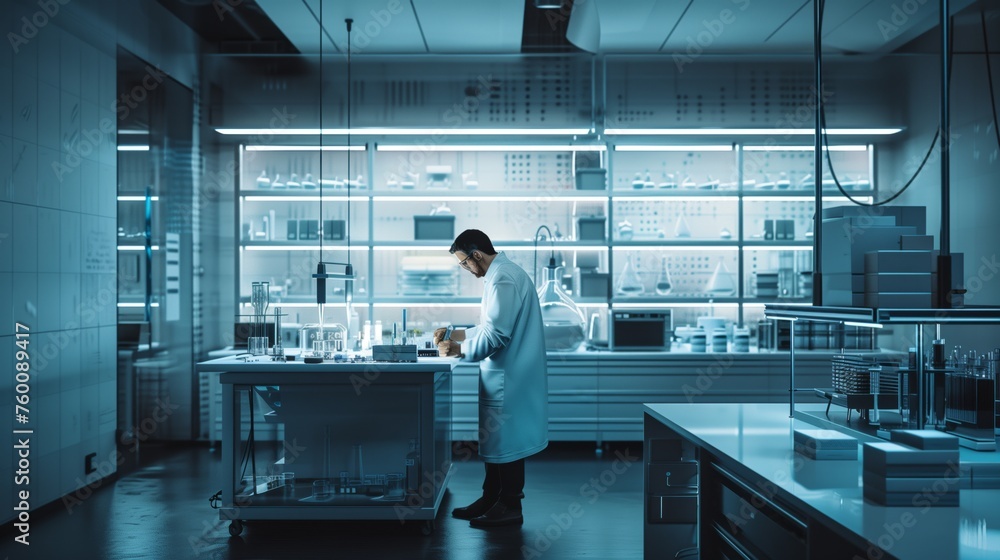 Poster man in lab coat at counter
