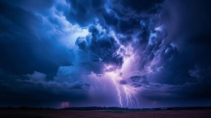 Fototapeta premium Capturing a dramatic electrical storm, lightning bolts strike the ground under a night sky