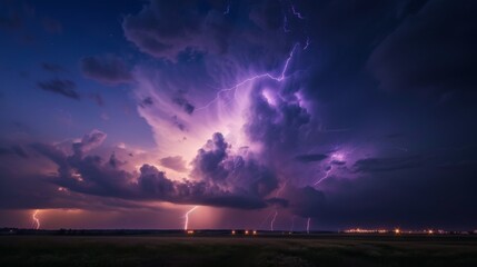 A striking image of multiple lightning flashes illuminating the clouds above a distant city at night