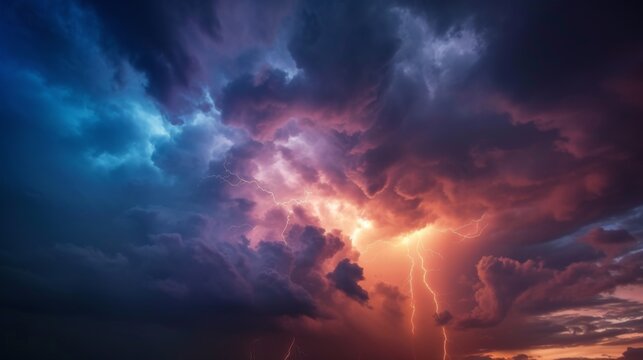 This image showcases the stunning beauty of lightning piercing through a vibrantly colored cloudscape at dusk