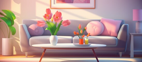 An interior design featuring a living room with a couch and a coffee table adorned with flowers. The room is surrounded by windows, showcasing a beautiful view outside