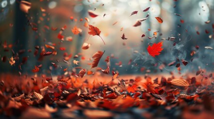 Fallen autumn leaves moving by a gust of wind. AI generated. - obrazy, fototapety, plakaty