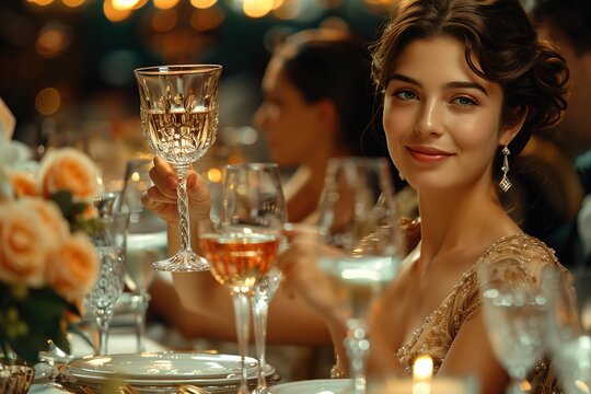 An elegant woman in a shimmering dress toasts at a sophisticated dinner party with a focus on celebration and elegance