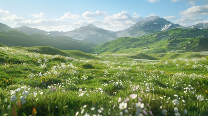 Fototapeta na wymiar Grassy Field With Flowers and Mountains