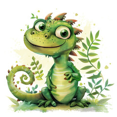 Fototapeta premium Cute Funny Cartoon Iguana, Illustration for Children Book, Generative AI