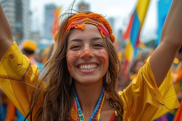 An ecstatic woman with joyful expression celebrates at a colorful cultural festival, exuding energy and festiveness