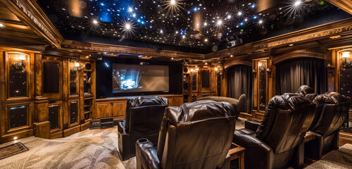 A home theater with plush recliners, acoustic panels, and a starry ceiling for a cinematic experience.
