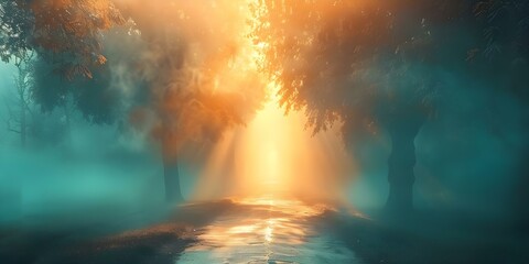 Navigating the Journey to Divine Grace through Heavenly Light in the Mist. Concept Spiritual Growth, Enlightened Path, Divine Connection, Inner Peace, Soulful Reflections