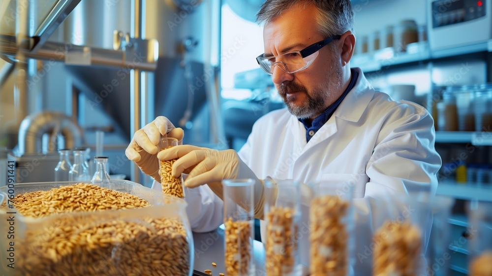 Poster scientist testing wheat samples in lab