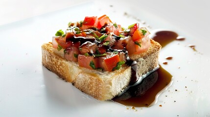 A delicious bruschetta adorned with a balsamic glaze, adding a touch of sweetness and acidity to its crunch. Bruschetta with toasted bread and rich dark balsamic glaze.