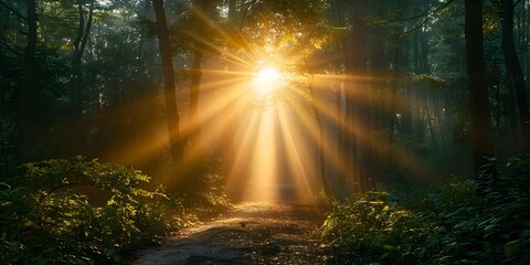Walking the Path of Enlightened Grace Through Heavenly Sunbeams and Fog. Concept Path of Enlightenment, Graceful Sunbeams, Heavenly Fog - obrazy, fototapety, plakaty