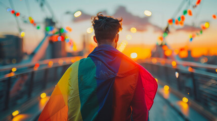 Inclusive image of a gay man wearing a pride rainbow flag while walking across a bridge during pride parade. Proud homosexual male walking into the sunset. AI generated