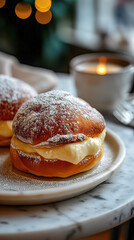 Delicious buns with cream on a marble cafe table decorated with candles, on cozy festive background with bokeh lights. Tasty sweet pastries for holiday celebration.