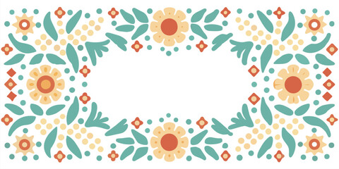 Mexican background festive backdrop for festival Cinco de mayo. Mexico poster. Decorative, symmetrical floral frame with a vintage feel on a warm
