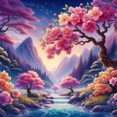 Eternal Blossom Valley: Within a timeless valley, vibrant blossoms bloom perpetually amidst sparkling waters, embodying everlasting beauty and eternal spring. - obrazy, fototapety, plakaty