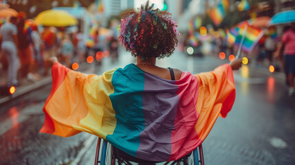 Inclusive image of a happy black disabled lesbian woman in wheelchair during pride parade. Homosexual woman with disability waving rainbow pride flag 