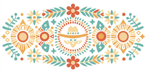 Mexican background festive backdrop for festival Cinco de mayo. Mexico poster. Vibrant and symmetrical illustration inspired by traditional mexican folk art, featuring floral and sun motifs
