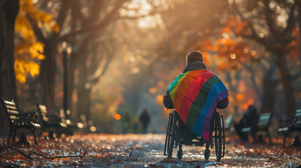 Happy proud gay disabled man in wheelchair wearing a pride rainbow flag during pride festival in...