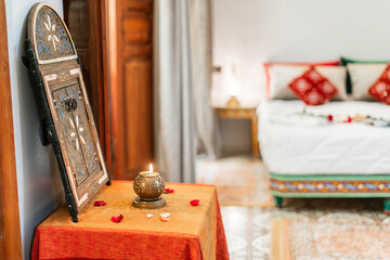 Beautiful interior of a bedroom inside a riad in the medina of Fes, Morocco