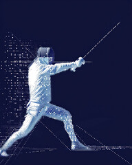 Dive into the digital realm with this captivating image featuring a pixelated fencer in mid-thrust - obrazy, fototapety, plakaty