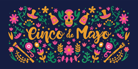 Obraz premium Mexican background festive backdrop for festival Cinco de mayo. Mexico poster.. Colorful illustration with flowers, skulls, and festive lettering