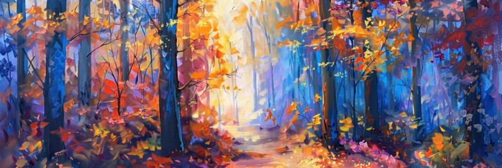 Enchanting forest painting glowing with autumn's vibrant hues