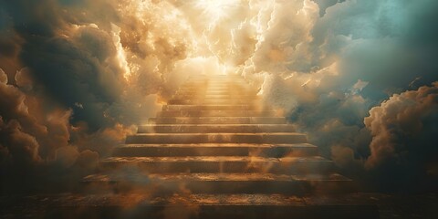 Ascending a Staircase to the Heavens: A Symbol of Spirituality and Connection to God. Concept Spirituality, Connection to God, Symbolism, Staircase to Heavens, Ascension - obrazy, fototapety, plakaty