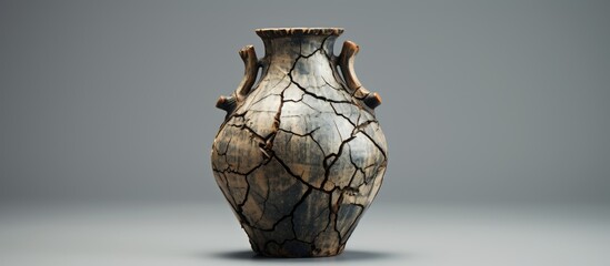 A cracked vase with two handles, made of natural material, sits on a table. Its detailed symmetry resembles a sculpture, blending art with still life photography and macro photography